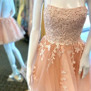 Robe de soirée pour adolescents avec appliques en dentelle champagne