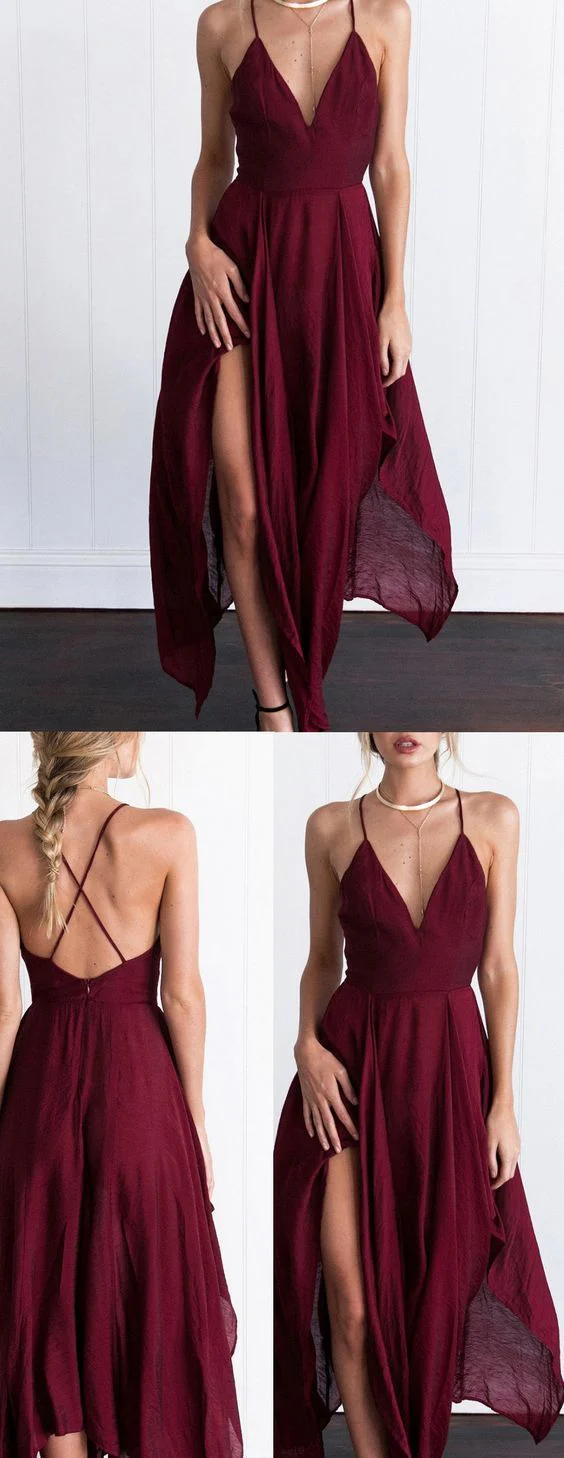 Charmante robe de bal fluide en mousseline de soie bordeaux | Robe formelle de 8e année – Image 2