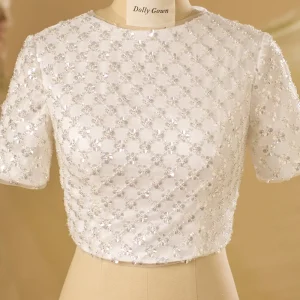 Cierra Modest Plaid Beaded Bridal Top with Short Sleeves