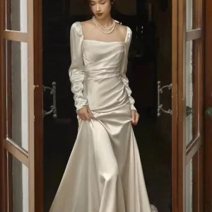 Column Square Neck Long Sleeve Silk Wedding Dress