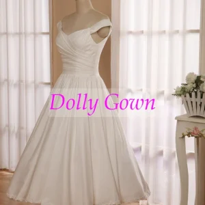 Robe de mariée en coton à épaules dénudées, inspirée des années 1950, longueur thé, avec ourlet en dentelle