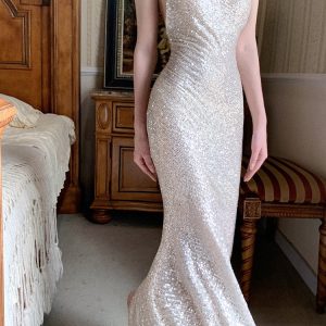 Robe longue sirène à paillettes et paillettes roses