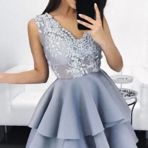 Robe de bal courte grise à col en V pour adolescents | Robe de soirée