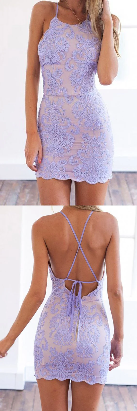 Mini robe semi-formelle serrée lavande, robe de bal courte dos nu – Image 2