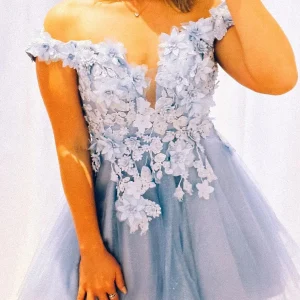 Robe de soirée unique à fleurs 3D bleu clair, épaules dénudées