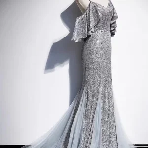 Robe longue formelle sirène à paillettes argentées