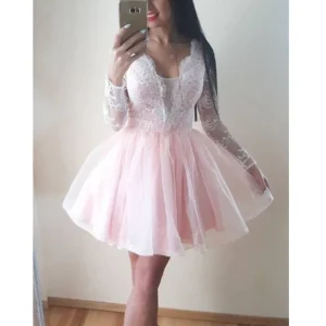 Jolie robe de bal courte rose à manches longues | Robe de danse formelle de 8e année
