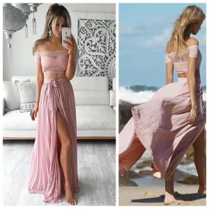 Beach Boho Robe de mariée deux pièces rose poussiéreux | Robe de bal | Robe de fête