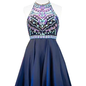 Robe de soirée bleu marine, robe de bal courte perlée pour adolescents