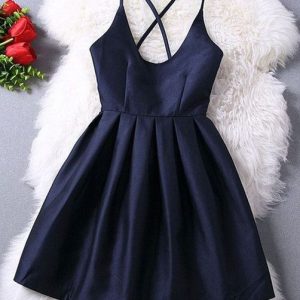 Robe semi-formelle bleu marine, col rond, bretelles croisées, robe de bal courte, GDC1290