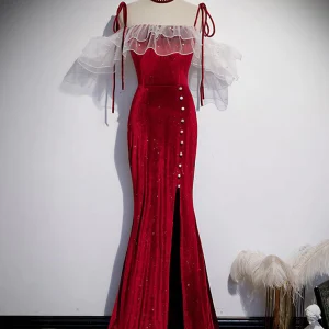 Burgundy Mermaid Long Prom Dress Velvet Formal Gown