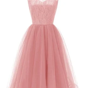 Robe de cocktail en tulle et dentelle bleu marine, rétro, rose, modeste, courte, robe de soirée