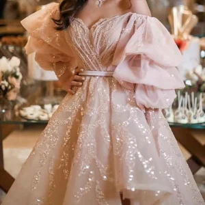 Robe formelle de remise de diplôme courte scintillante rose blush, robe de soirée