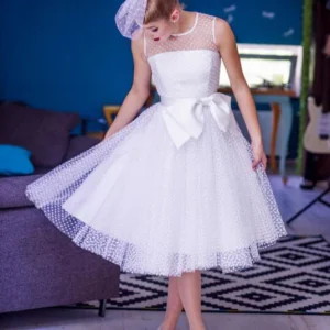 Tenue de mariage courte Rockabilly à pois abordable avec reliure en satin | Robe de mariée style années 50