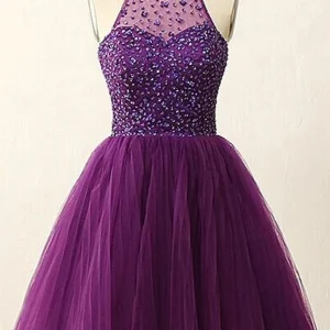 Robe de bal courte avec haut licou et perles Purple Juniors | Robe de soirée