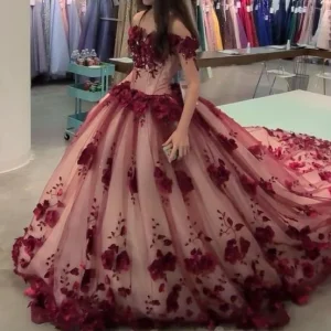 Wine Quince Tulle Ball Gown Prom Dress with Train
