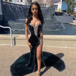 Velvet High Slit Prom Dress for Wedding Reception or Bridesmaid