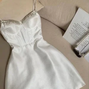 White Short Homecoming Party Dress Satin Sleeveless Zipper Back