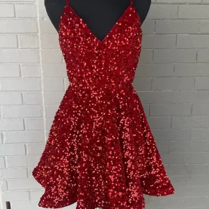 Robe de soirée courte classique à paillettes rouges pour juniors