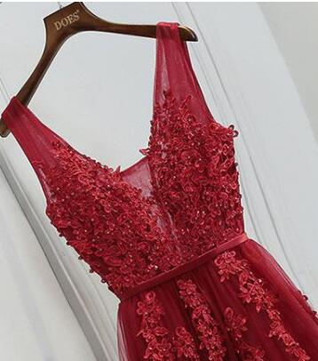 Appliques de dentelle rouge voir à travers la robe de bal longue robe de remise des diplômes – Image 3