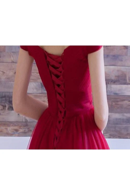 Robe de bal courte en tulle rouge à épaules dénudées robe de soirée rouge – Image 3