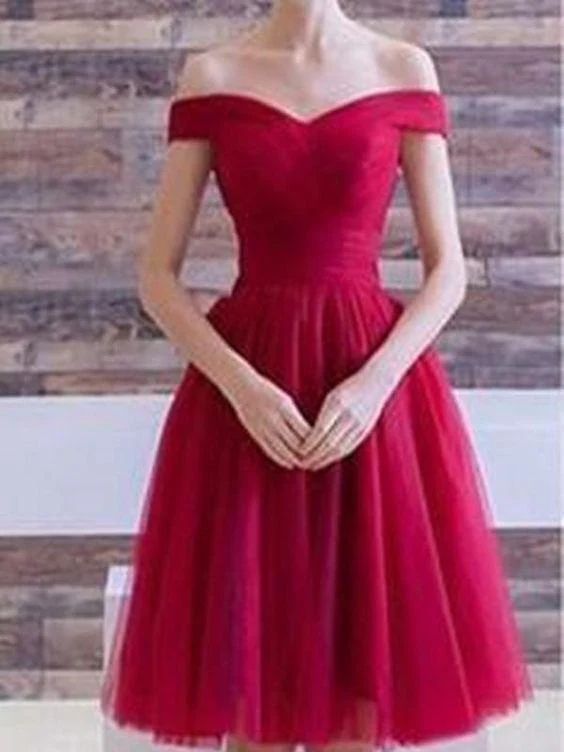 Robe de bal courte en tulle rouge à épaules dénudées robe de soirée rouge