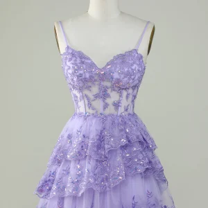 Glitter Lace Asymmetrical Ruffle Tiered Short See Through Homecoming Dress