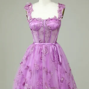 Magenta Butterfly Lace Corset See Through Homecoming Dress
