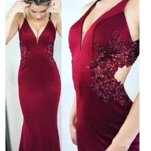 Achetez une robe de bal sirène rouge avec des appliques de dentelle délicates à la taille