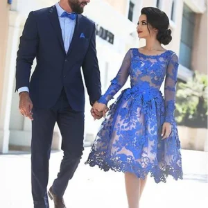 Robe de soirée courte en dentelle bleu royal | Robe de bal courte à manches longues