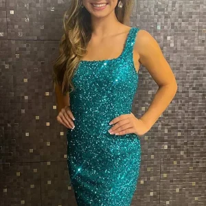 Robe de soirée junior à paillettes et col carré vert sarcelle