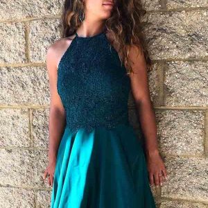 Mini robe de bal courte en dentelle vert sarcelle, col licou, robe de bal, douce 16, GDC1309