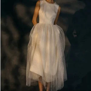 Unique High Neck Polka Dot Wedding Dress with Irregular Hemline