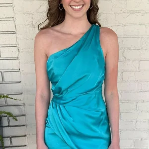 Robe de soirée unique bleu sarcelle à une épaule