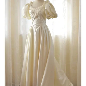 Vintage Satin 80s Wedding Dress with Flattering Puffy Sleeves