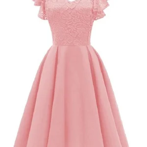 Robe de bal rose courte vintage pour adolescents avec bretelles à volants Robe de soirée rose 1626P