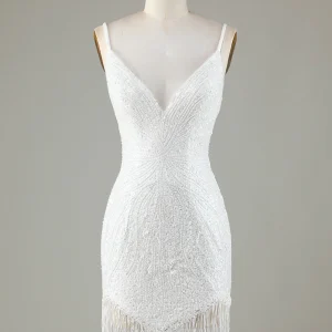 White Spaghetti Strap Sparkly Bodycon Homecoming Dress with Lace-Up Back