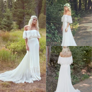 Boho mousseline de soie style campagnard hors de l'épaule gaine robe de mariée décontractée