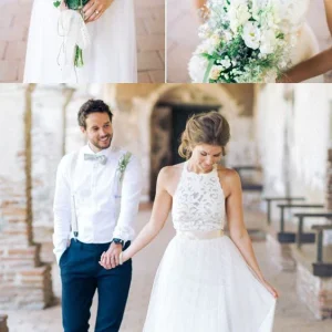 Voir à travers licou dentelle haut transparent dos nu robe de mariée Boho