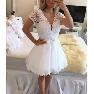 Robe formelle courte à manches en dentelle scintillante blanche de 8e année | Robe de bal de remise des diplômes