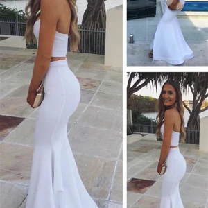White Strapless Mermaid Two Piece Long Prom Dress