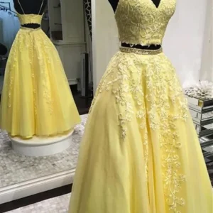Yellow Spaghetti Strap V-Neck Lace Two Piece Long Prom Dress