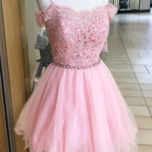 A-Line Off Shoulder Lace Pink Short Prom Homecoming Dress Formal Evening
