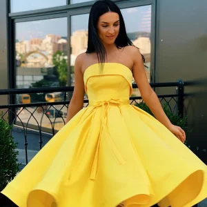 A-Line Strapless Short Pink Yellow Prom Dress: Strapless Formal Graduation Homecoming