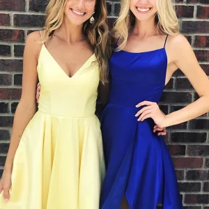 A-Line V-Neck Backless Yellow and Royal Blue Short Prom Dress Homecoming