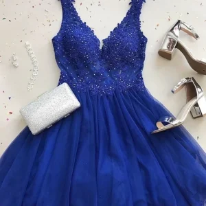 A-Line V-Neck Beaded Lace Royal Blue Short Prom Homecoming Dress Evening