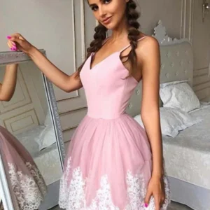 A-Line V-Neck Short Pink Lace Prom Dress, Homecoming Formal Gown