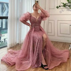 Pink Mermaid High Split Beaded Evening Dress Beaded Bubble Sleeve Gown
