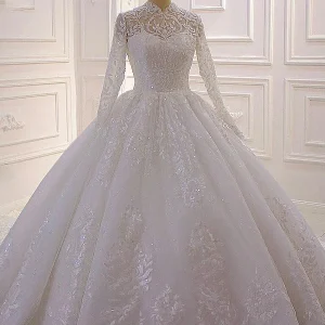 Elegant A-Line High Neck Long Sleeve Wedding Dress with Exquisite Lace Appliques