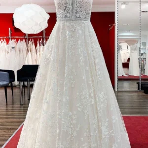 Beautiful Long Wedding Dress with A-Line Appliques Tulle Lace Backless